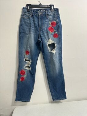 Hollister Medium Blue Distressed Boyfriend Jeans with Red Rose Appliqués